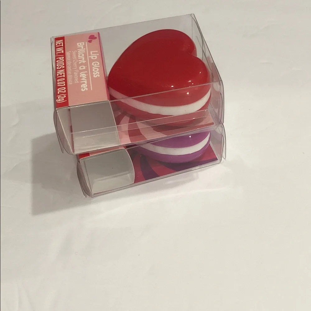 2pack Sweet Cherry and Grape Berry flavored red and purple heart shape lip gloss